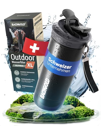 Bachgold® Botella filtrante de agua no potable XL [800 ml] con capacidad de filtración de 2000 L I elimina el 99,99% de bacterias, virus, partículas y metales pesados, botella de agua (Negro)