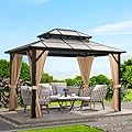 GarveeLife 10 ft x12 ft Hardtop Gazebo, Outdoor Polycarbonate Double Roof Canopy, Aluminum Frame Permanent Pavilion with Curtains and Netting, Sunshade for Garden, Patio, Lawns (10x12 ft)