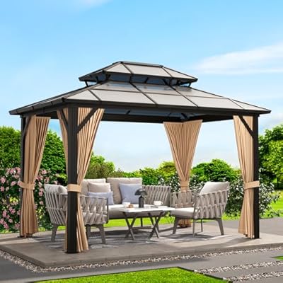 GarveeLife 10 ft x12 ft Hardtop Gazebo, Outdoor Polycarbonate Double Roof Canopy, Aluminum Frame Permanent Pavilion with Curtains and Netting, Sunshade for Garden, Patio, Lawns (10x12 ft)