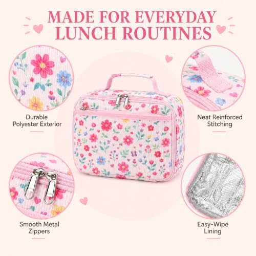 Image of CAMTOP Lunch Box Kids Boys Insulated Lunch Cooler Bag Reusable Lunch Tote Kit for School Travel (Flower Pink)