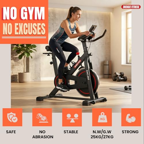 Image of Spin Bike Exercise,12kg Flywheel | 8 Level Resistance & Adjustable Seat with130kg Capacity Cardio Bike LCD Display with multiple Tracking EHC-02 Indoor Cycling Stationary Bike for Home & Gym