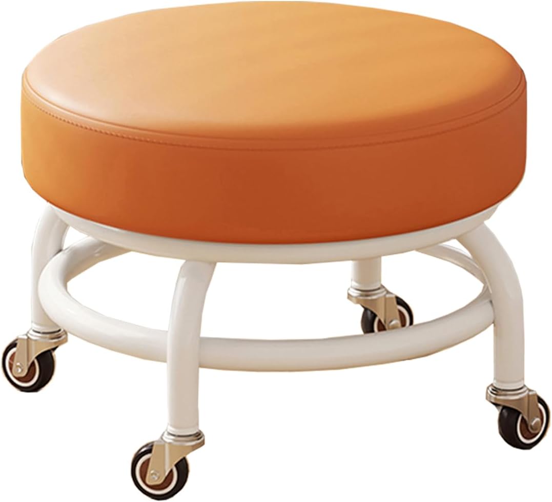 Low Height Rolling Stool, PU Leather Stools, Heavy Duty Roller Chair 360° Rotating for Home Cleaning Garage Fix Stool Outdoor Office Working Flooring Cleaning (Orange)
