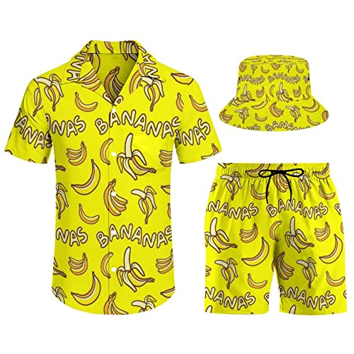 Men's Shirt Hawaiian Outfit Set Beach Shirt and Shorts with Bucket Hats 3 Piece Beach Tropical Hawaii Suits
