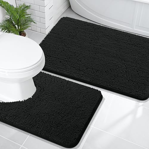 Image of OLANLY Bathroom Rugs Sets 2 Piece, Soft Absorbent Chenille Bath Mats and U-Shaped Contour Toilet Mat Area Rug Set, Machine Washable Bath Carpet, Home Decor Accessories(36 inchx24 inch+24 inchx20 inch, Black)