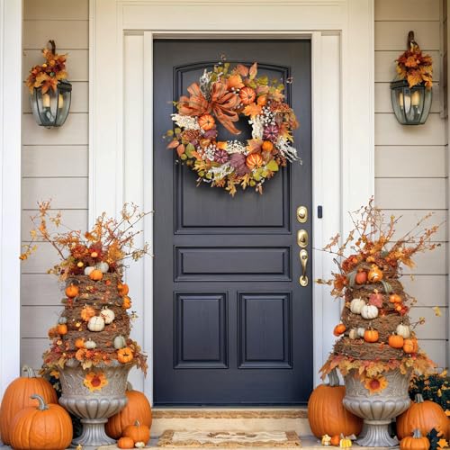 Image of 24 inch Fall Wreaths for Front Door Outside Fall Door Wreath with Pumpkin /Bow Autumn Wreath Fall Decorations for Home Decor Farmhouse Thanksgiving Harvest Halloween Outdoor Indoors Fall Front Porch