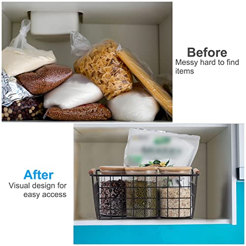 Wire Storage Baskets with Wooden Handles for Kitchen Organization - Black 2PCS