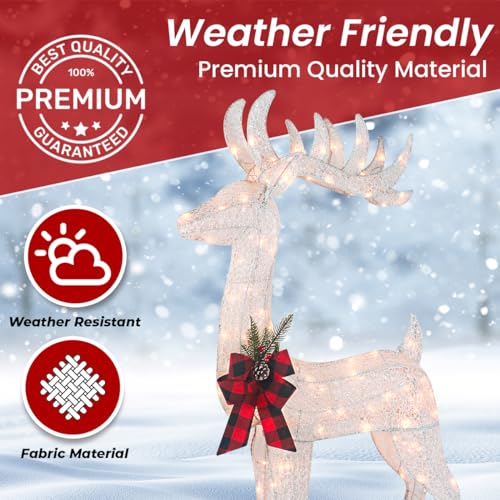 3-Piece White Fabric Reindeer Family - Lighted Deer Set - 210 Lights 52" Buck 44" Doe 28" Fawn - Large Deer Family for Indoor or Outdoor Christmas Decorations Yard Art