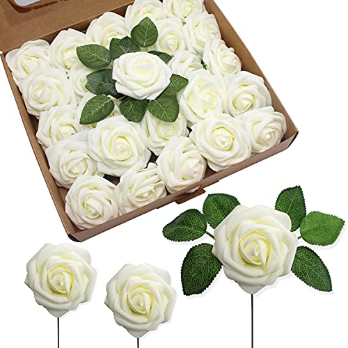JOYLEX Artificial Flowers Realistic Roses, 50pcs Real Looking Fake Roses with Stem for DIY Wedding Bouquets Centerpieces Bridal Shower Party Home Romantic Decorations (50pcs, Milk White)