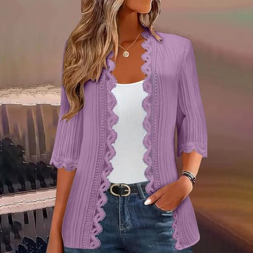 Womens Summer Textured Cardigan Lightweight 3/4 Sleeve Shirt Tops Open Front Cardigans Casual Loose Beach Cover Ups2
