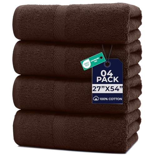 Image of DAN RIVER Bath Towels Set of 4, 27 x 54 Inches, 100% Cotton, Larger & Lighter Weight, Quicker to Dry, Super Soft and Absorbent, Ideal Bathroom Towels for Daily Use, Brown