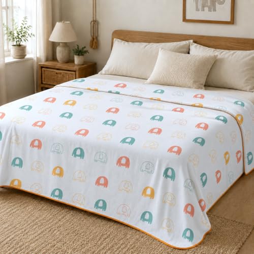 Image of LORETO - A QUALITY LINEN BRAND 100% Cambric Cotton Double Dohar 88 x 90 Inches, 3-Layer Lightweight AC Blanket with Soft Cotton Flannel Filling, Summer Quilt, Reversible, Coral Green Elephants
