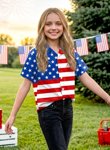 Image of BesserBay Unisex Kids 4th of July Shirt Girls Boys Patriotic Button Down Shirt American Flag Top 4-14 Years