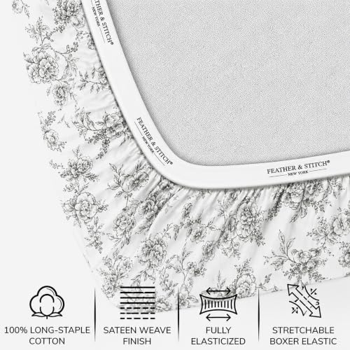 Image of Feather & Stitch Printed 500 TC Split King Size Sheet Set, 5 Piece Bed Sheets Set, 2 Twin Fitted Sheet, 1 King Flat Sheet & 2 King Pillowcases, 18 inch Deep Pockets Sateen Weave - Grey Floral Toile