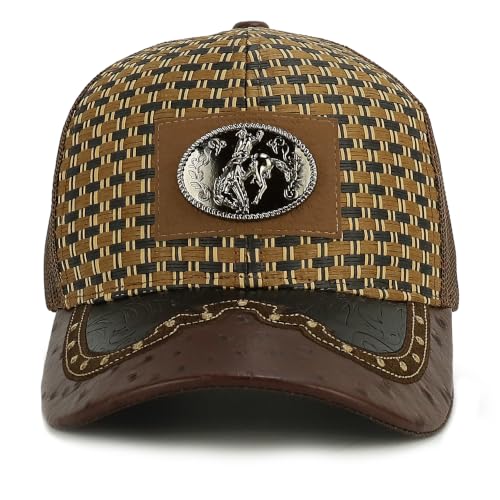 Image of Straw Design Metallic Rodeo Cowboy Horse Metal Logo Trucker Mesh Baseball Cap