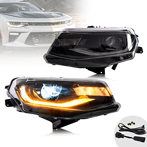 VLAND LED Projector Headlights Compatible For [2016 2017 2018 Chevrolet Chevy Camaro] W/ Welcome / Breathe Function Dynamic DRL & Sequential Turn Signal, Dual Beam Lens, Driver & Passenger Side