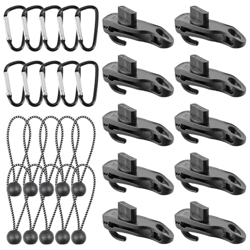 Planenclips Set, 10 Stück Schwarz Planenspanner Clips mit Haken, mit 10 Stück Spanngummis mit Kugel und 10 Stück Karabiner, Planenbefestigung Clips für Zelt, Markisen, Abdeckungen, Camping (Schwarz)
