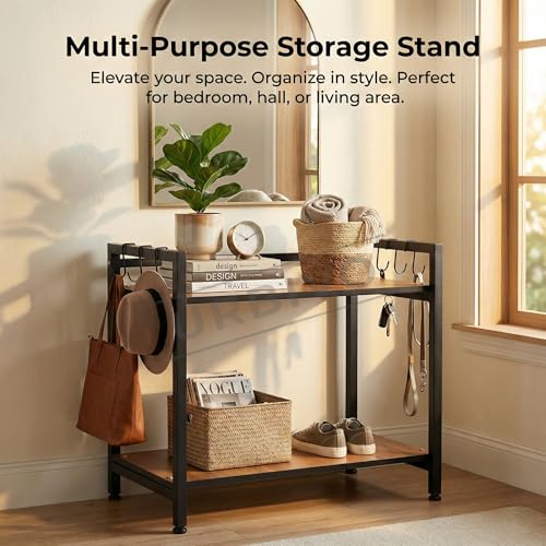 Image of Microwave Stand for Kitchen Platform 2 Tier Oven Stand with Storage Cabinet Engineered Wood Shelf 6 Hooks Black Metal Frame Oven Stand OTG Rack