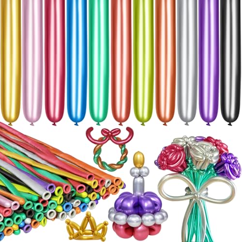 Image of LXZFCRG 260 Long Balloons, Shiny Metallic Latex Twisting Balloon for Balloon Animals, Magic Balloons for Birthdays Wedding Party Decorations 100pcs (Metallic Multi)