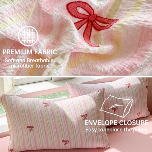 Image of BOLINLIVING Pink Bow Duvet Cover Full Size,Girls Kids Cute Striped Bowknot Yellow Duvet Cover with Pillowcase, Soft Microfiber Bedding Set for All Season with Zipper Closure and 8 Corner Ties