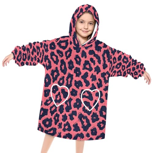 Wearable Blanket Hoodie for Kids, Glamorous Leopard Print Fleece Sweatshirt Blanket Oversized Blanket Sweatshirt with Pocket Flannel Warm Hooded Blanket 6-10 Year Old Girl Boy Gift, One Size