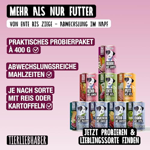 TIERLIEBHABER – Hundefutter Nass 400g Huhn mit Gemüse – Von Tierärzten entwickelt – Nassfutter Hund mit 90% Fleischanteil – Dog Food als Hundenassfutter 400g Dosen