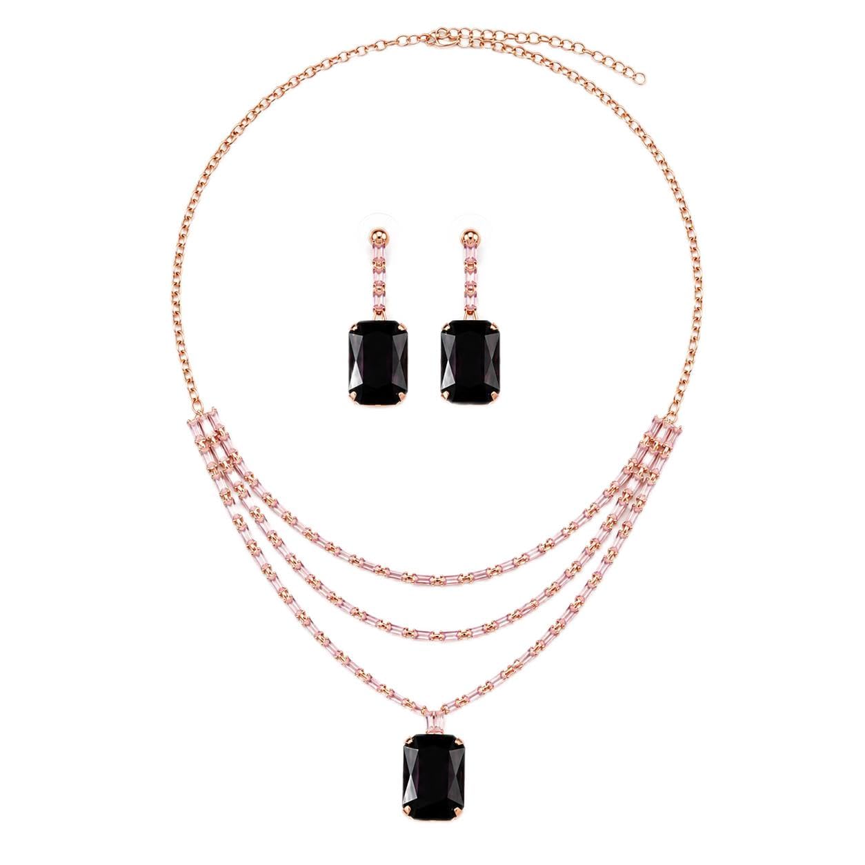 ARVELLA Designer Rose Gold Necklace Set for Women | Black Emerald Cut Pendant with Pink Crystal Earrings | Wedding, Mehendi, Haldi, Sangeet, Diwali & Navratri Jewelry-image-48
