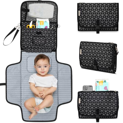 Image of KeaBabies Portable Diaper Changing Pad, Baby Changing Mat (Black Geo) | Waterproof, Wipeable, Large, Padded, On The Go, Car, Travel Diaper Clutch Bag, Easy to Use Pockets for Newborn Essential
