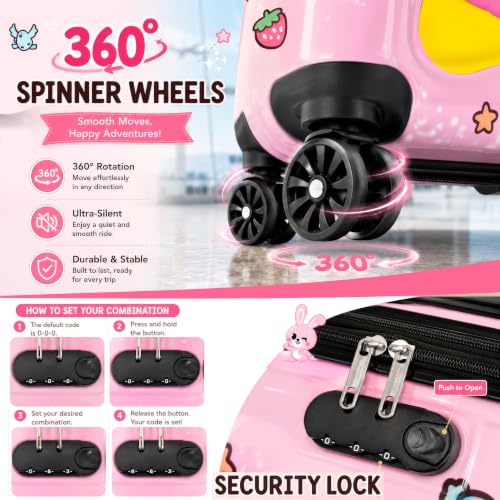 Image of Storite 18In Kids Luggage Trolley Hard Shell Cabin Suitcase | Cartoon Bunny Star Design Suitcase Ideal For School Trips Vacations Holidays And Weekend Travel(Peach Pink-35 x 23 x 38 Cm)