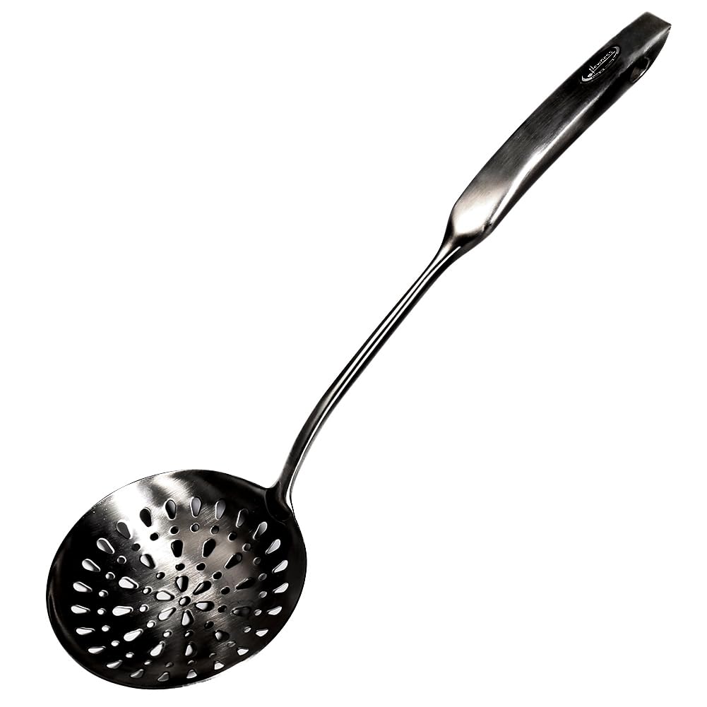 Skimmer Slotted Spoon, [Rustproof, Integral Forming, Durable] Newness 304 Stainless Steel Slotted Spoon with Vacuum Ergonomic Handle, Comfortable Grip Design Strainer Ladle for Kitchen, black