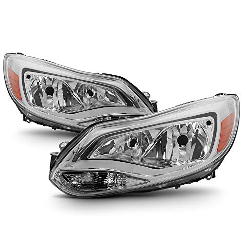 VIPMOTOZ Chrome Housing OE-Style Headlight Headlamp Assembly For 2012-2014 Ford Focus Halogen Model, Driver & Passenger Side