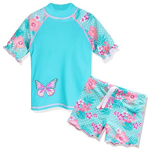 HUAANIUE Girls 2PCS Swimsuit 3-11Y Swimming Set Short Sleeve Swimwear Summer Beach Swimming Costume Outfit Sun Suit Cover