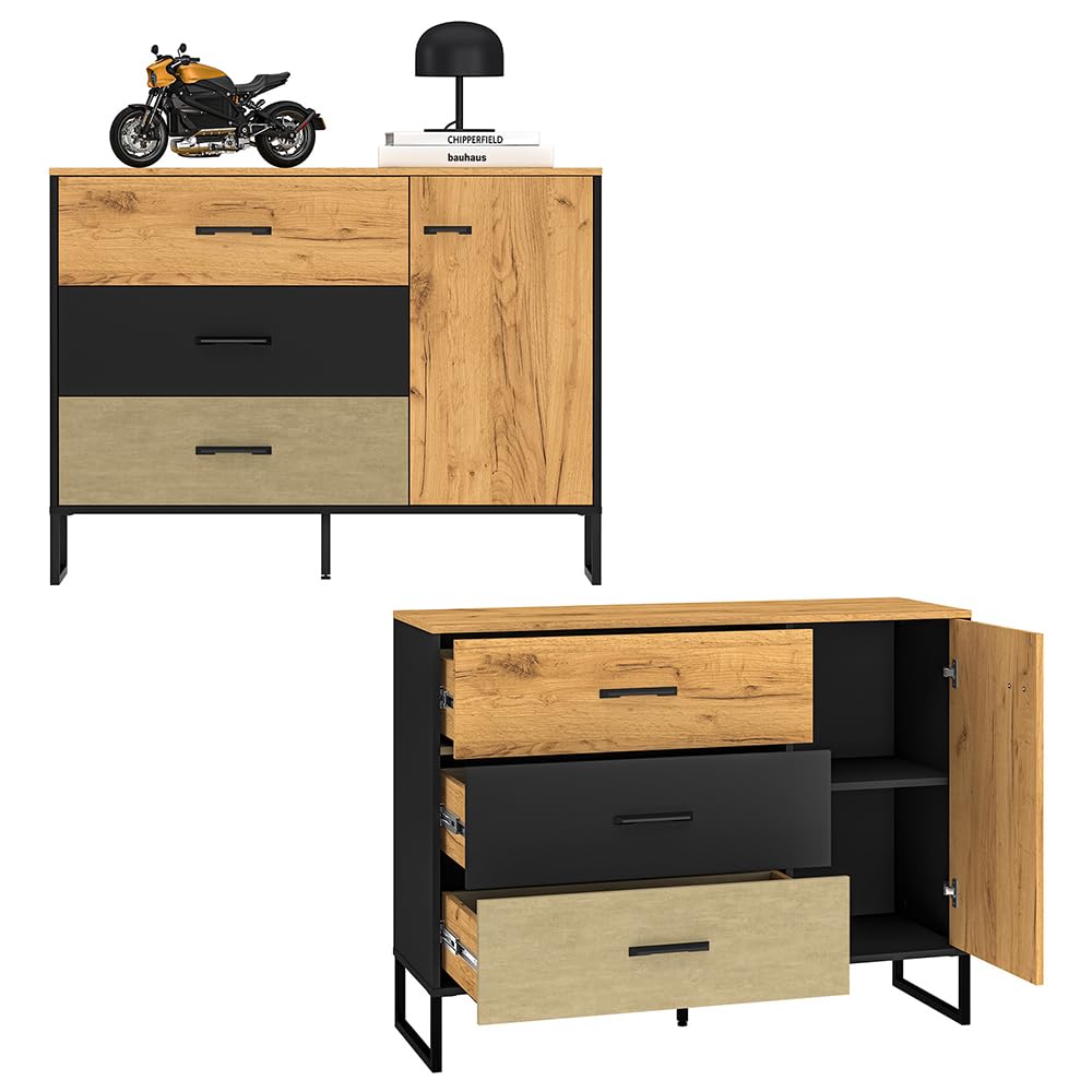 Lomadox Jugendzimmer Set 5-teilig mit Schreibtisch, Kleiderschrank, Regal, Sideboard, Wandboard in Eiche schwarz Sandfarben modern