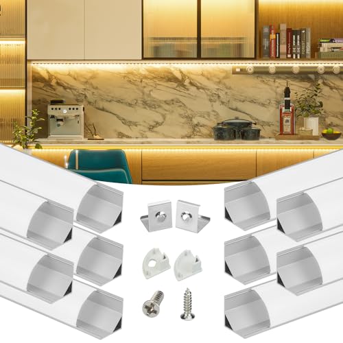 Muzata 10Pack 6.6FT/2M V Shape LED Channel Silver Aluminum LED Strip Diffuser Channel with Milky White Cover Frosted Corner Lighting Easy Installation V1SW WW 2M