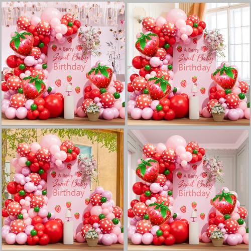 Image of Strawberry Balloon Arch Kit - 137pcs Red Pink and Light Pink Balloons with Strawberry Foil Balloons for Berry First Birthday Decor Sweet Girl Baby Shower Strawberry Shortcake Themed Party Decorations