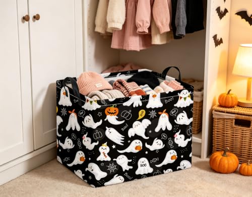 Image of Rectangular Halloween Basket for Boys and Girls Kids Trick or Treat Pumpkin Basket for Halloween Parties Cute Storage Bin Organizer Box Room Decor(Black Ghost)