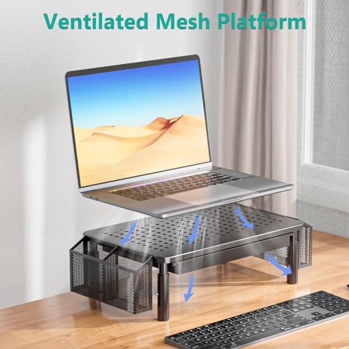 Image of WALI Computer Monitor Stand with Storage, Desk Organizer with Drawer and Pen Holder, Desk Monitor Riser 3 Height Adjustable, Laptop Riser for Computer, Laptop, Printer (STT003DH-B), 1 Pack, Black