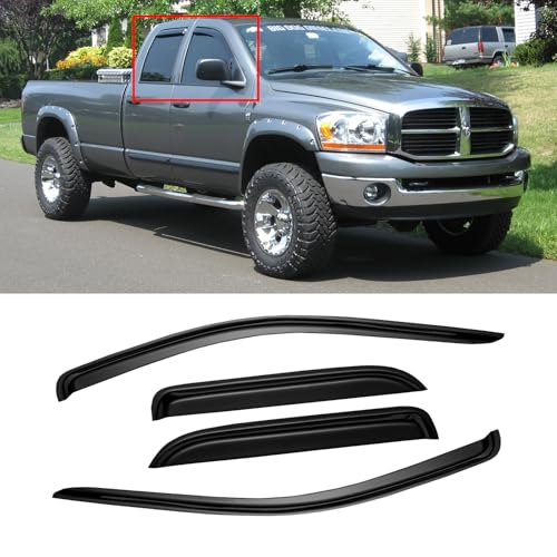 Window Visor for 2002-2008 Dodge Ram 1500 Quad Cab/Extended Cab/ 03-09 Dodge Ram 2500 3500 Out-Channel Rain Guards Shields Vent Deflector Shade Wind Dark Smoke Outside-Mount 4PCS