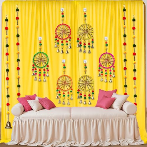 Image of Party Propz Yellow Backdrop Cloth for Decoration with Pom Pom Hangings - 18Pcs Haldi Decoration Items for Home Decor, Haldi Backdrop Decorations Set, Pooja, Wedding Decor
