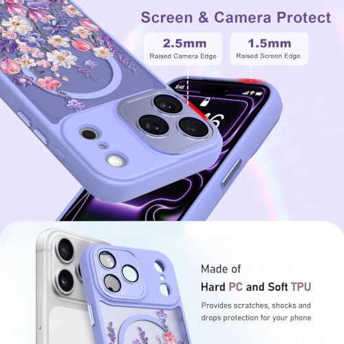 Image of Magnetic for iPhone 17 Pro Max Case for Women Girls, Purple Floral | Cute Oil Painting Flower Pattern Design [Compatible with MagSafe] [Full Camera Protection] Translucent Slim Shockproof Cover