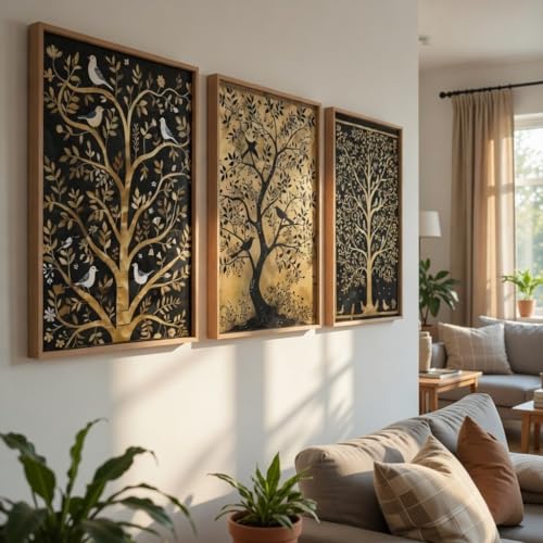 Image of Livin'luxe Set of 3 Golden Tree Wall Art Premium MDF Wooden Color Framed HD UV Printed Decorative Painting for Living Room Bedroom Hallway Office Home Decor 11 Inch x 14 Inch