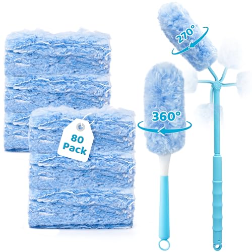 Image of 360 Dusters Refills for Cleaning - 80 Count Disposable Feather Duster Kit with 2 Handles, Multi-Surface Microfiber Feather Dusting Cleaner for Furniture Blinds Windows Ceiling Fans (Blue)