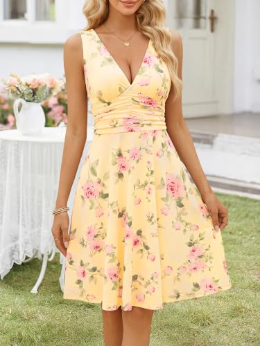 Image of OURIN Women's Spring Deep V Neck Sleeveless Floral Sundresses with Pockets Flowy Summer Dresses for Women