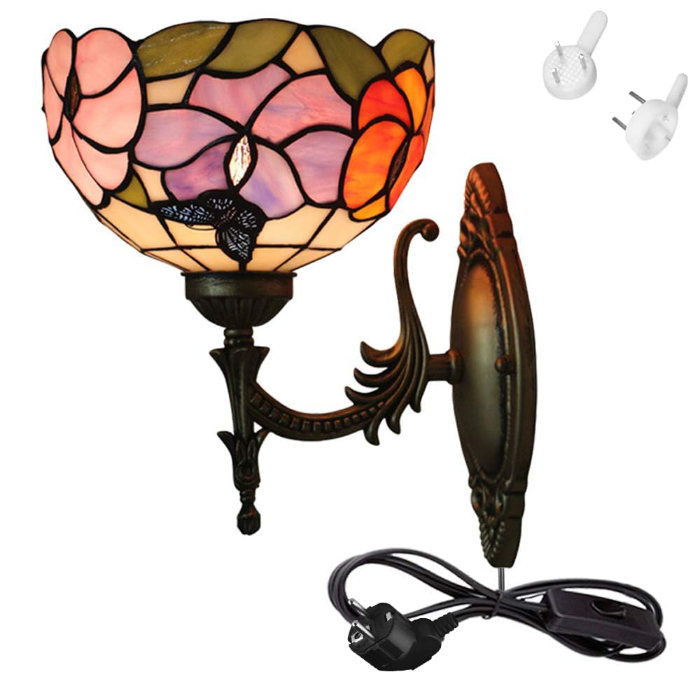 Dimmbar Wandleuchte Innen Mit Schalter, Antiker Tiffany-Stil Wandlampe mit E27 Lampenfassung und Glas Lampenschirm für Wohnzimmer Treppenhaus Flur Schlafzimmer BD1671