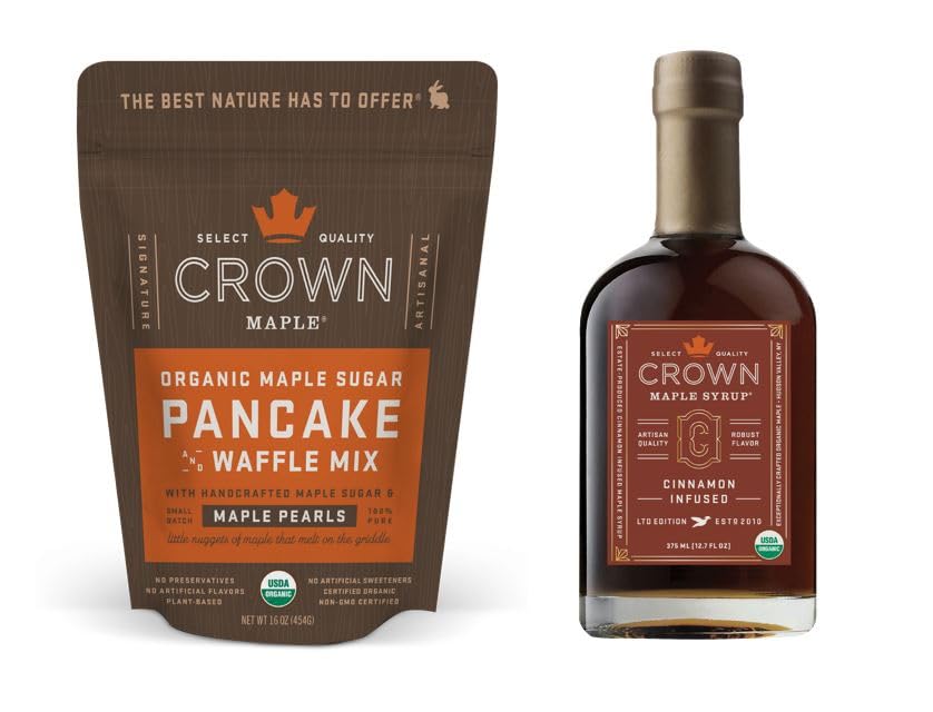 Crown Organic Maple - Mezcla orgánica para panqueques y waffles (16 onzas) con jarabe de arce orgánico infundido con canela (12.7 onzas líquidas)
