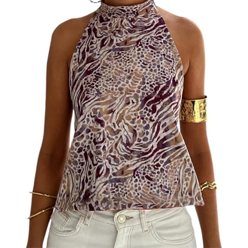 Women Y2K Halter Top Sexy Sleeveless Backless Mock Neck Floral Print Tank Top Polka Dot Camisole (Graphic Brown, S)