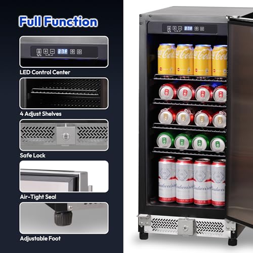 15 Inch Under Counter Beverage Refrigerator, 126 Cans Built-in or Freestanding Drink Fridge with Insulated Door,Ideal fo - Additional View