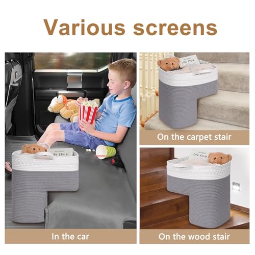 Image of Stair Basket for Wooden & Carpeted Stairs, Foldable Cotton Rope Step Basket with Handles, Staircase Storage Organizer, Fog Grey, 15 inch Lx 10 inch W x 15 inch H