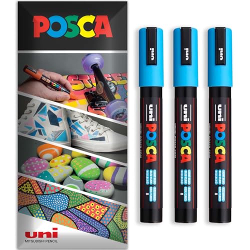 Posca - Rotulador permanente a base de agua, multiuso en superficies, PC-5M, paquete de 3 bolígrafos en cartera (azul claro)