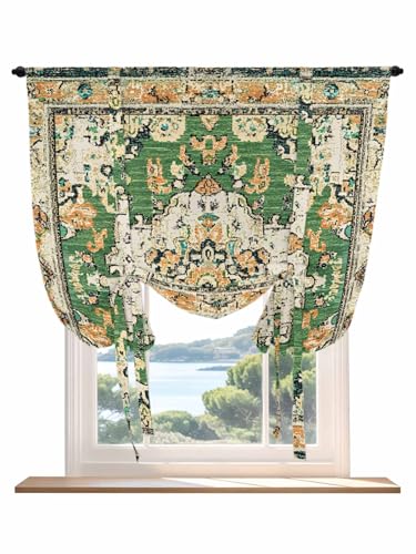 Tie Up Curtains for Windows Green Boho Roman Shade 42 x 54 Inch Bathroom Curtain Window Farmhouse Tribal Vintage Tribal Texture Rod Pocket Short Balloon Curtains for Living Room Kitchen Small Blinds