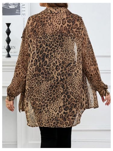 WDIRARA Women's Plus Size Leopard Print Sheer Blouse Button Front Long Sleeve Shirt2